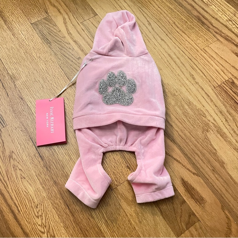 Dog Isaac Mizrahi  Jumpsuit  Silver Paw embroidery  Velour LIGHT PINK  XS